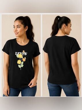 Levi’s Floral Logo Graphic Tee Women’s XL Black Casual Shirt